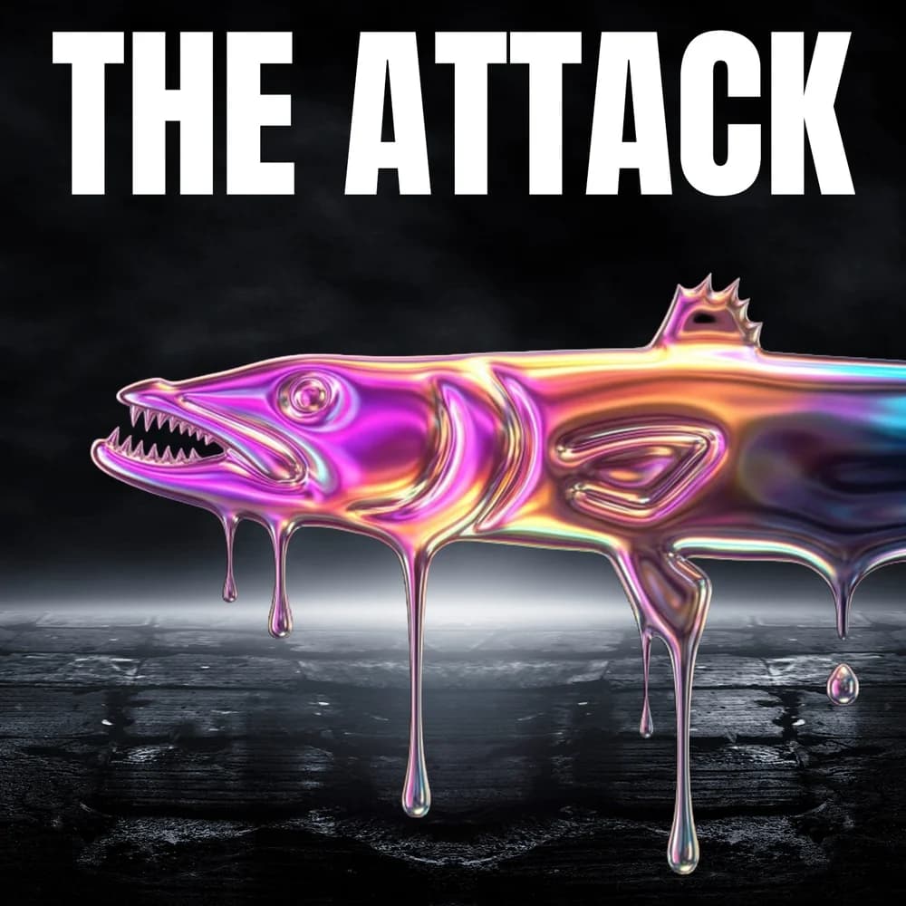 The Attack poster: a chrome barracuda with bared teeth, dripping paint, with a holographic foil